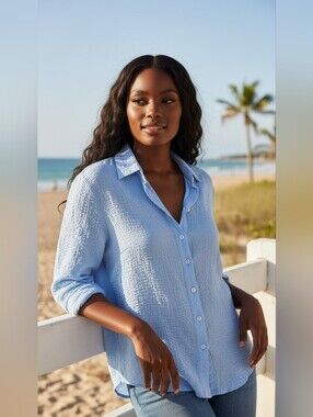 Salty Weekend Textured Light Blue Button-Down Shirt for Women Size Medium